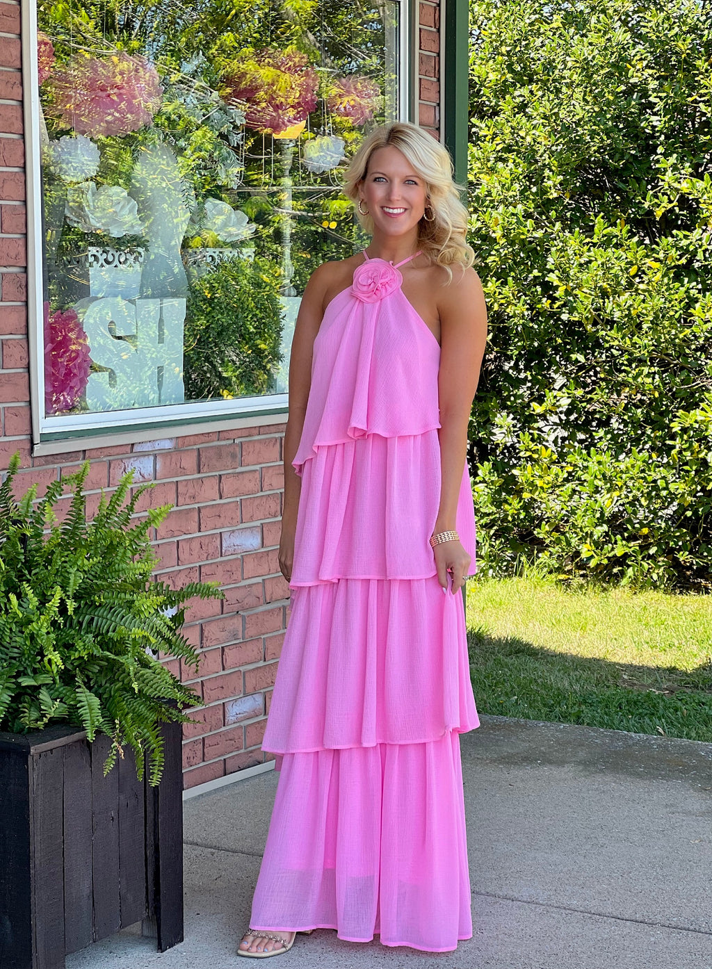 Pale Pink Tiered Maxi Dress with Flower Halter Neckline