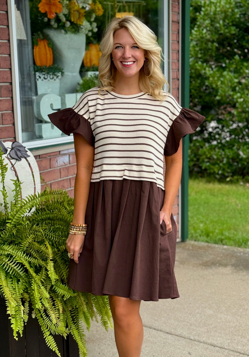 Brown Stripe Dress with Ruffle Sleeves & Pleated Skirt