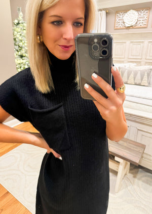 Black Short Sleeve Sweater Dress with Pocket Detail