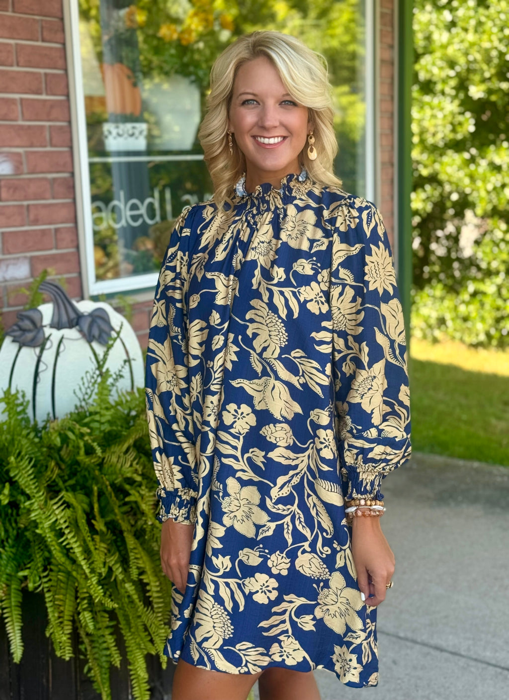 Navy Printed Dress with Ruffle Smocked Neckline & Sleeve Detail