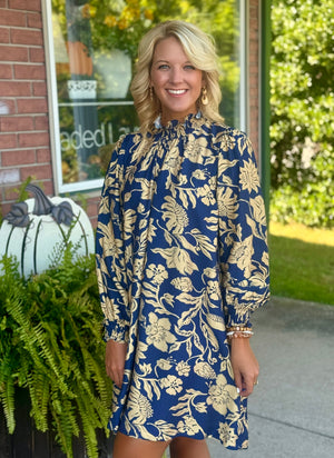 Navy Printed Dress with Ruffle Smocked Neckline & Sleeve Detail