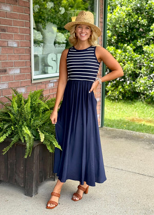 Navy & White Mix Media Midi Dress