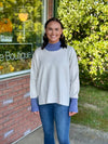 Cream Split Hem Sweater with Blue Ribbed Details