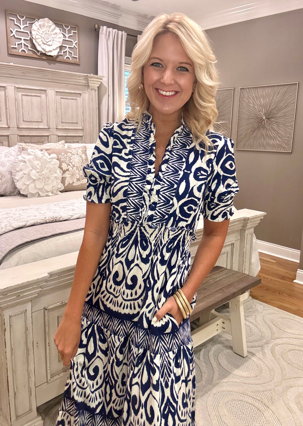 Navy Printed Woven Dress with Ruffle Details