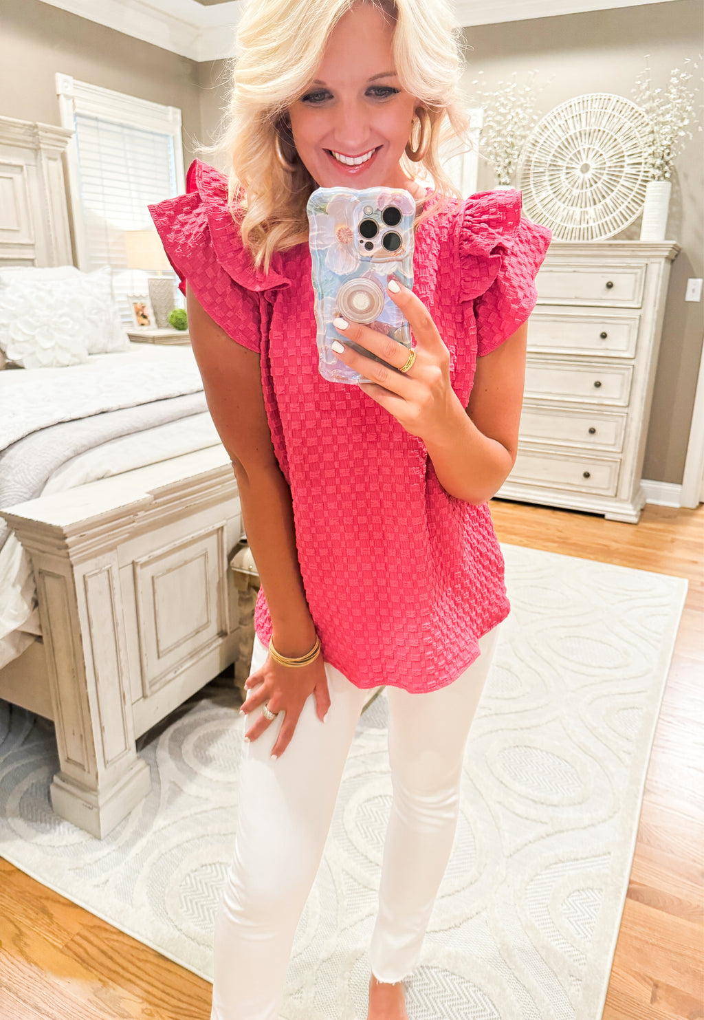 Pink Textured Top with Flutter Sleeves