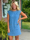 Denim Quilted Dress with Pocket Details