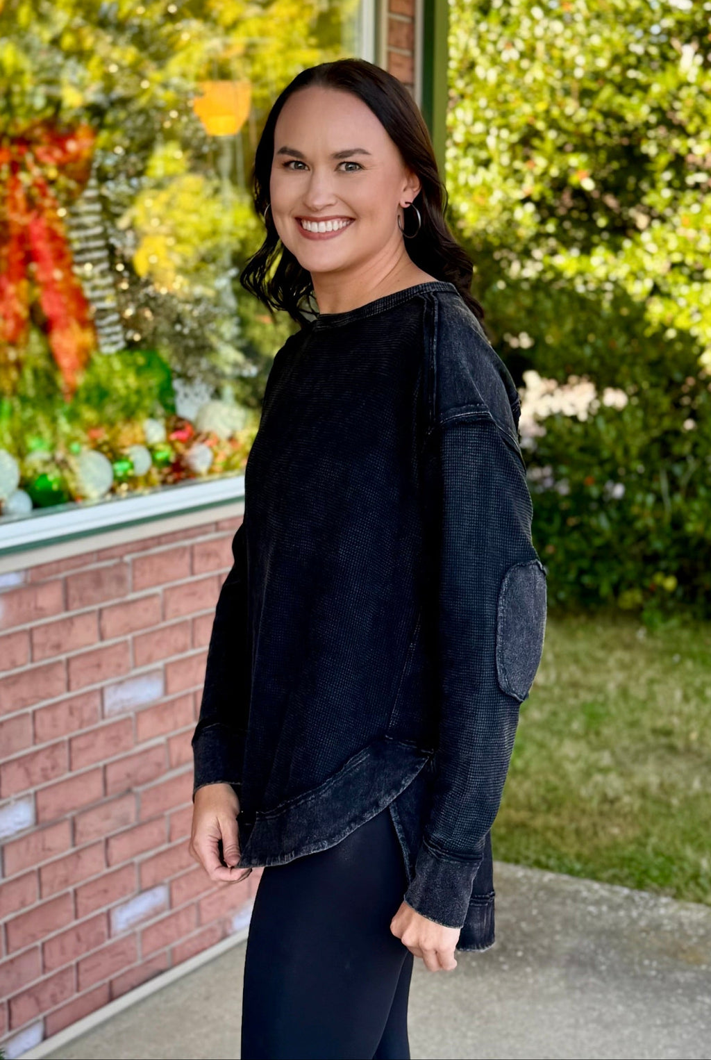 Black Washed Waffle Top with Elbow Patch Detail