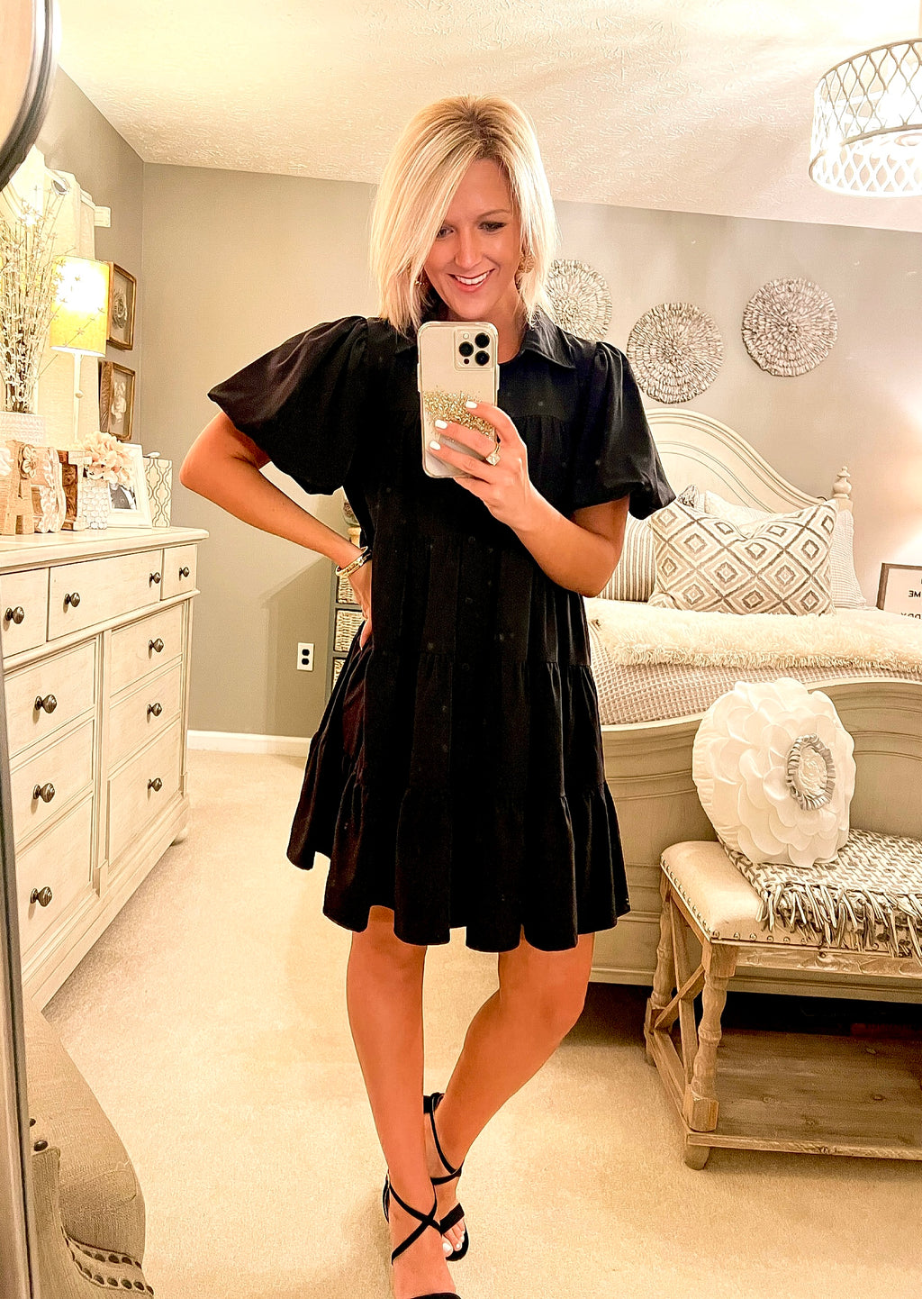 Black Ruffle Tiered Dress with Puff Sleeves