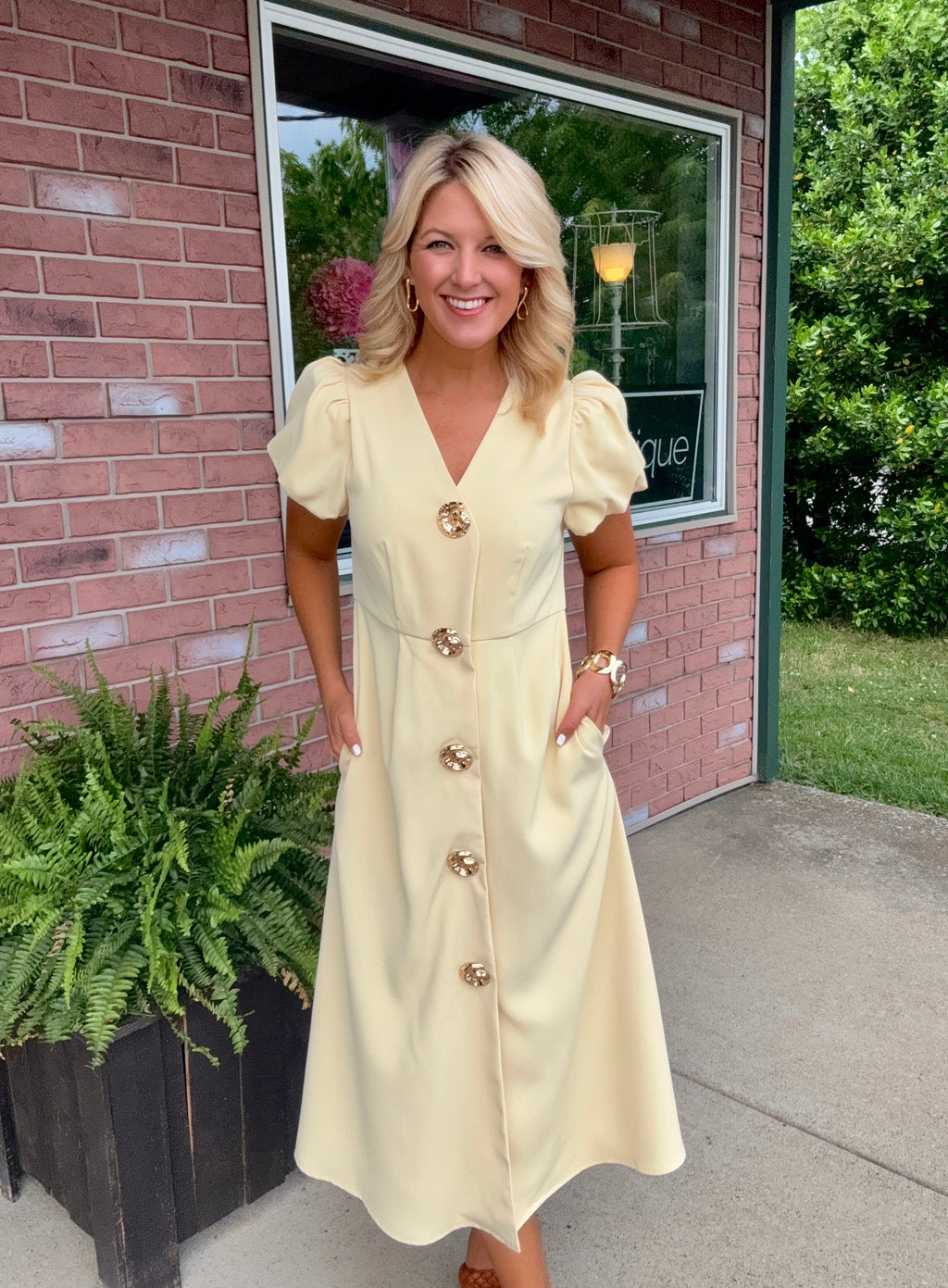Butter Yellow Puff Sleeve Midi Dress with Gold Button Details – Jaded Layne  Boutique