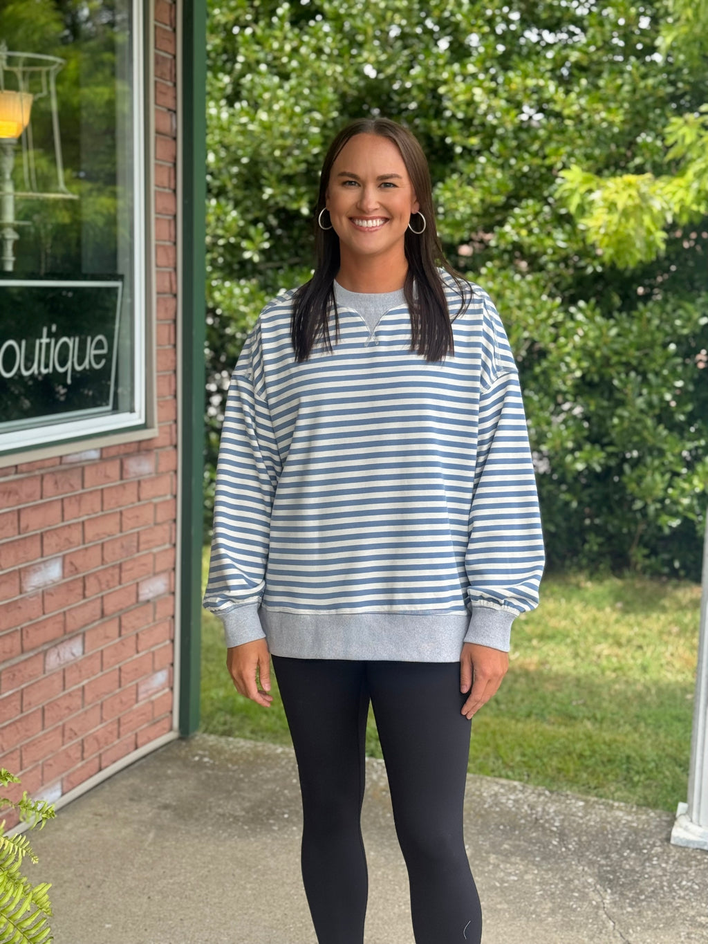 Blue Stripe Tunic Top with Grey Accent Detail