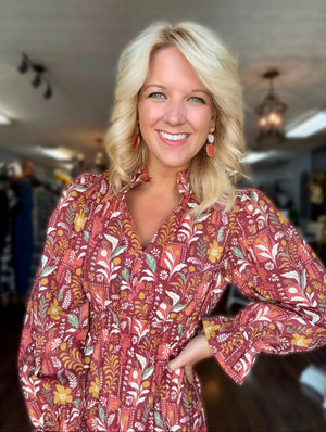 Rust Printed Dress with Ruffle Collar Detail