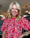 Red Embroidered Eyelet Bubble Sleeve Top