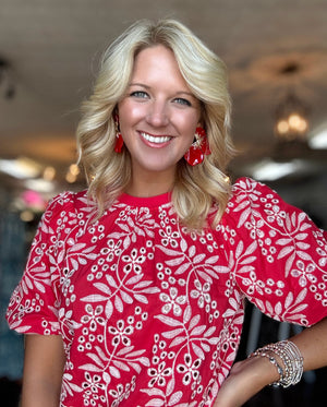Red Embroidered Eyelet Bubble Sleeve Top