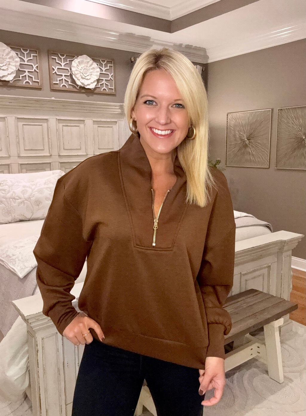 Brown 1/4 Zip Pullover with Gold Zipper Detail