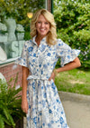 Bell Sleeve Printed Dress with Ruffle Collar and Tie Waist