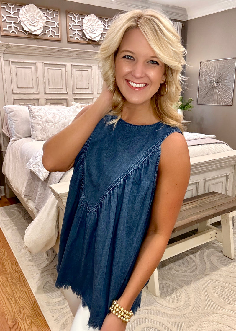 Chambray Tank with Fringe Detail