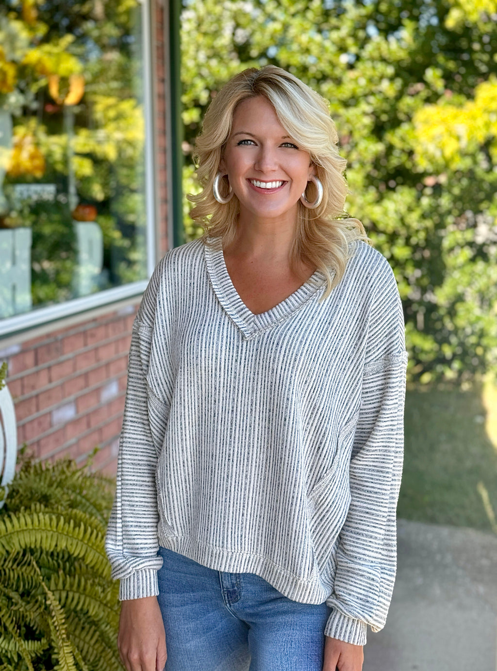 Striped Drop Shoulder Vneck Top