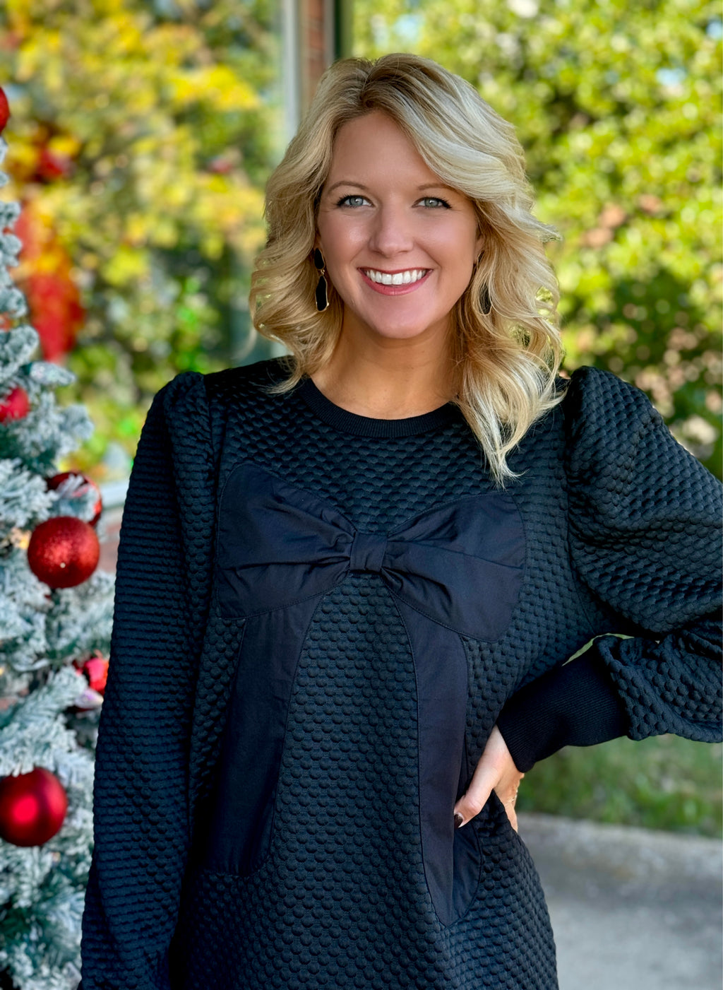 Black Textured Bow Dress