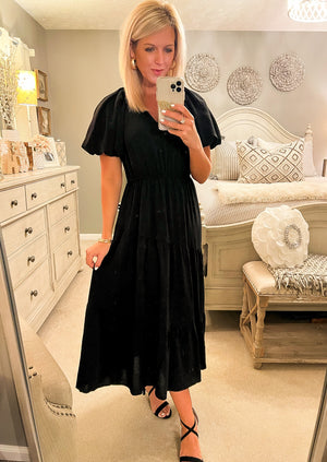 Black A-Line Midi Dress with Asymmetric Seam Skirt & Puff Sleeves