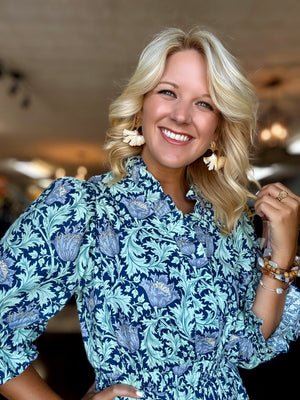 Blue Floral Printed Midi Dress with Ruffle Neckline & Smock Waist