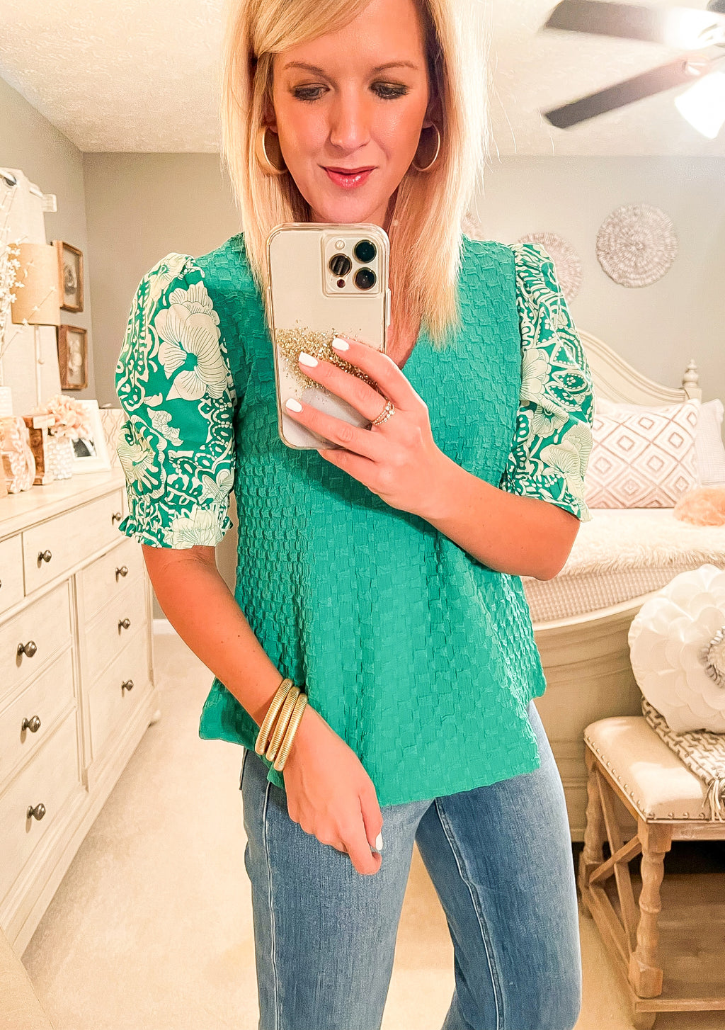 Green Jacquard Top with Printed Sleeve Details