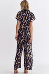 Black Printed Button Down Jumpsuit with Tie Belt