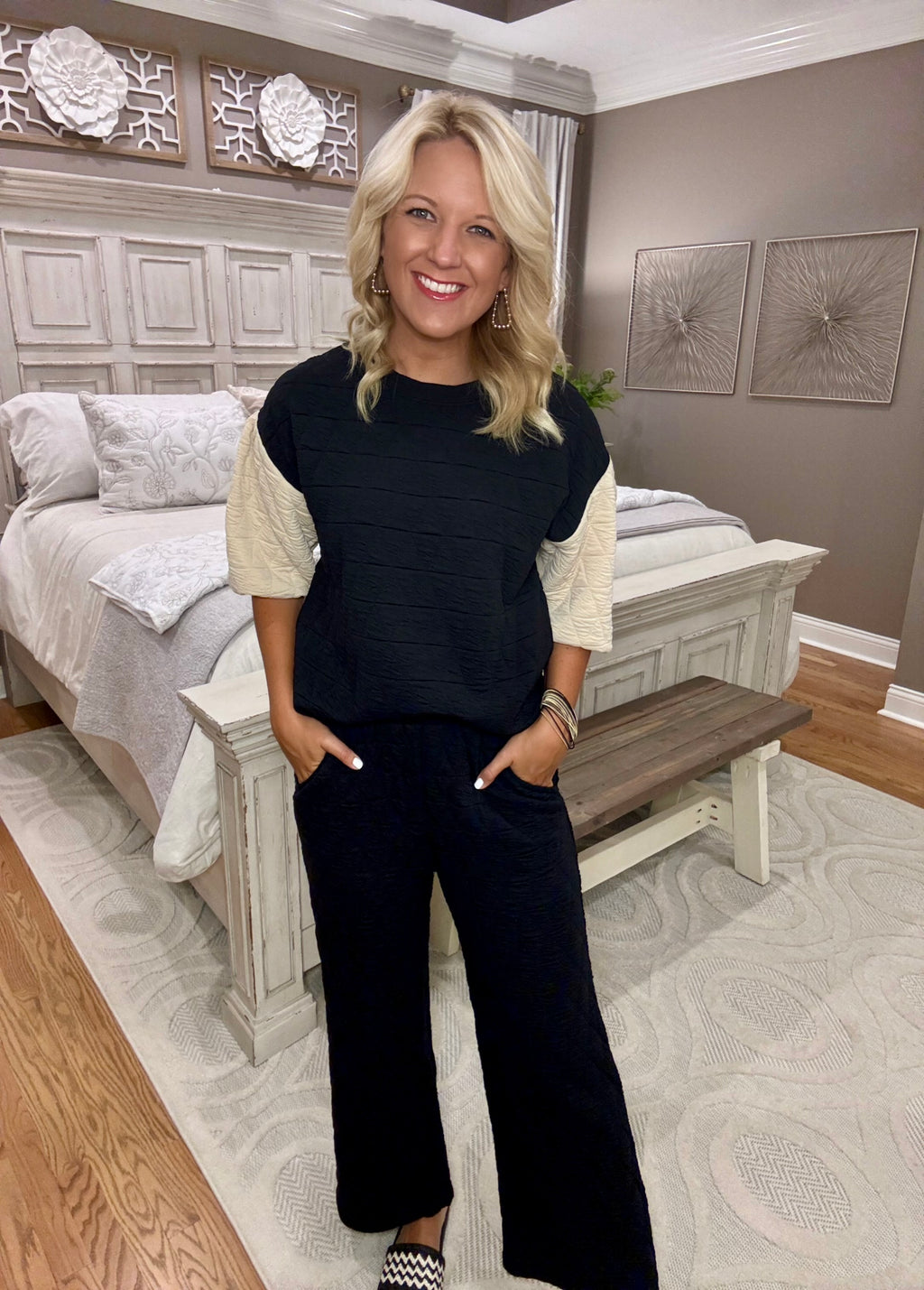 Black & Beige Quilted Top and Pant SET