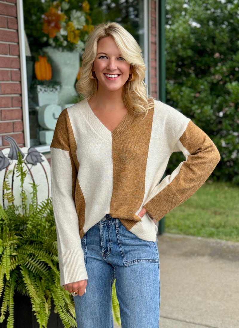 Colorblock Sweater with Bell Sleeve Detail