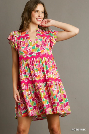 Abstract Print Tiered Dress with Rick Rack Details