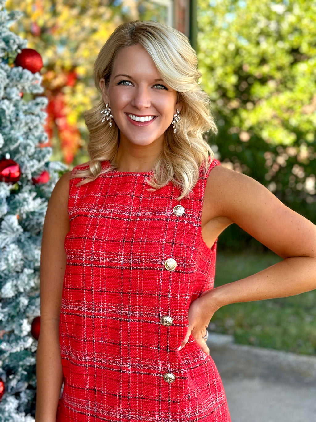 Red Plaid Dress with Gold Button Detail