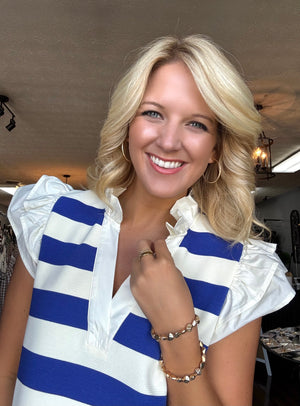 Royal Blue Stripe Dress with Ruffle Details