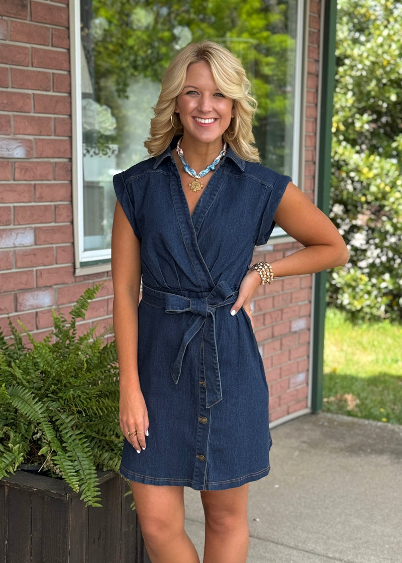 Denim Button Detailed Dress with Tie Waist Belt
