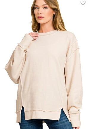 Sand Beige Ribbed Exposed Seam Pullover