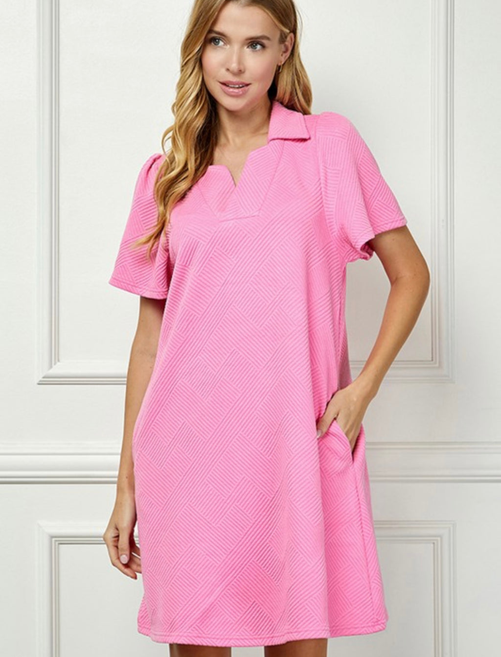 Pink Collared Textured Dress