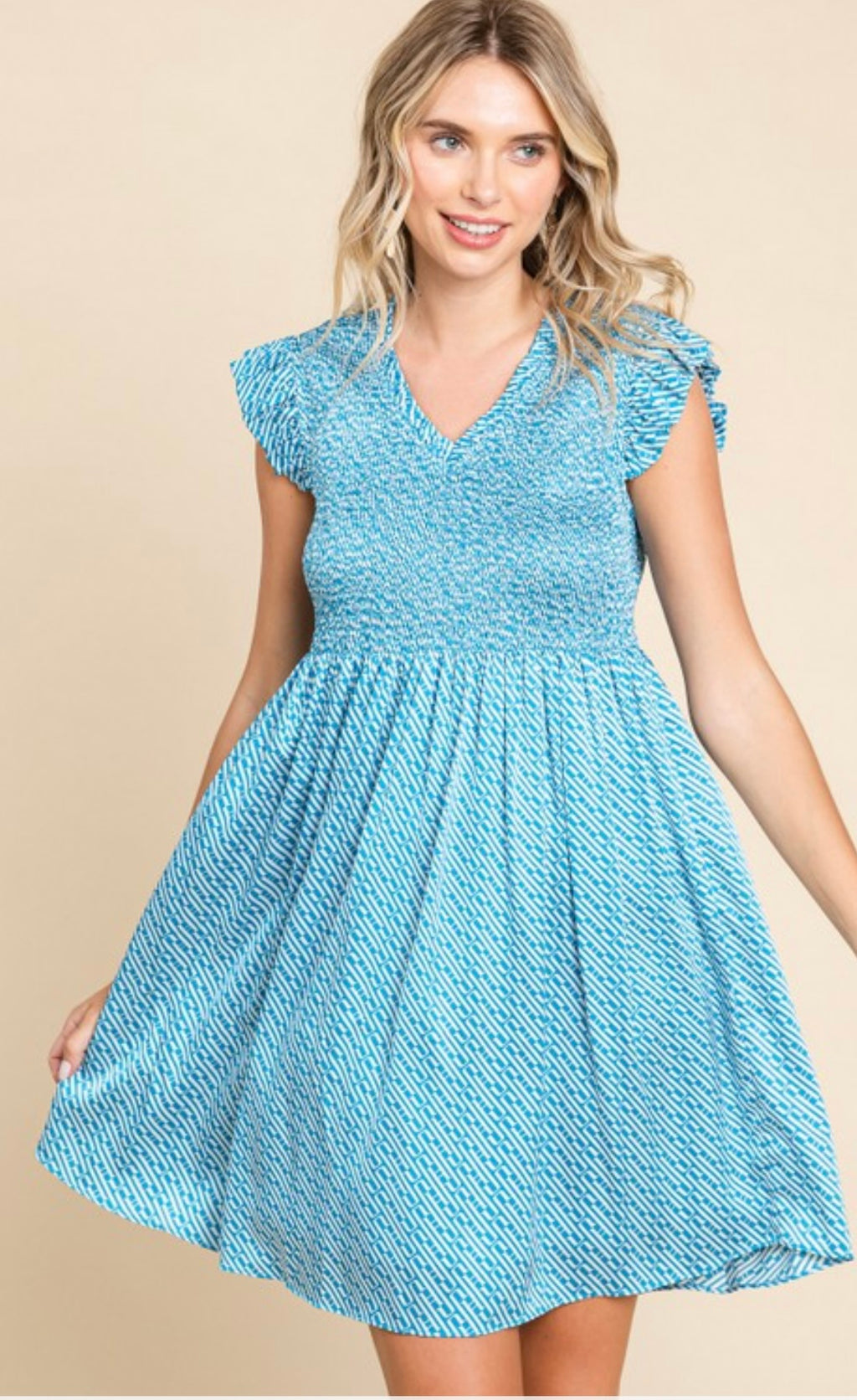 Blue Printed Satin Dress with Ruffle Detail