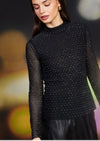 Black Embellished Mesh Mock Neck Top