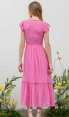 Pink Scoop Ruffle Neck Smocked Midi Dress