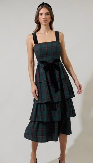 Plaid Tiered Ruffle Midi Dress