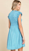 Blue Printed Satin Dress with Ruffle Detail