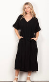 Soft Gauze Ruffle Tiered Black Midi Dress