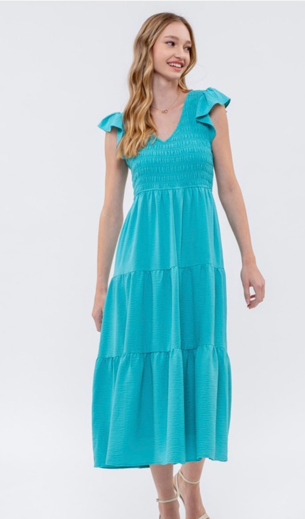 Teal Flutter Sleeve Midi Dress with Smocking Detail