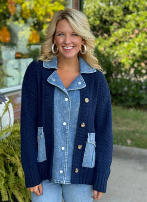 Sweater Cardigan Featuring Denim Lapel