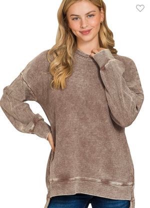 Brown Acid Wash Ribbed Pullover Tunic Top