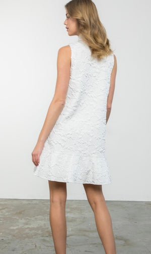 White Floral Textured Dress with Ruffle Detail
