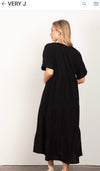 Soft Gauze Ruffle Tiered Black Midi Dress