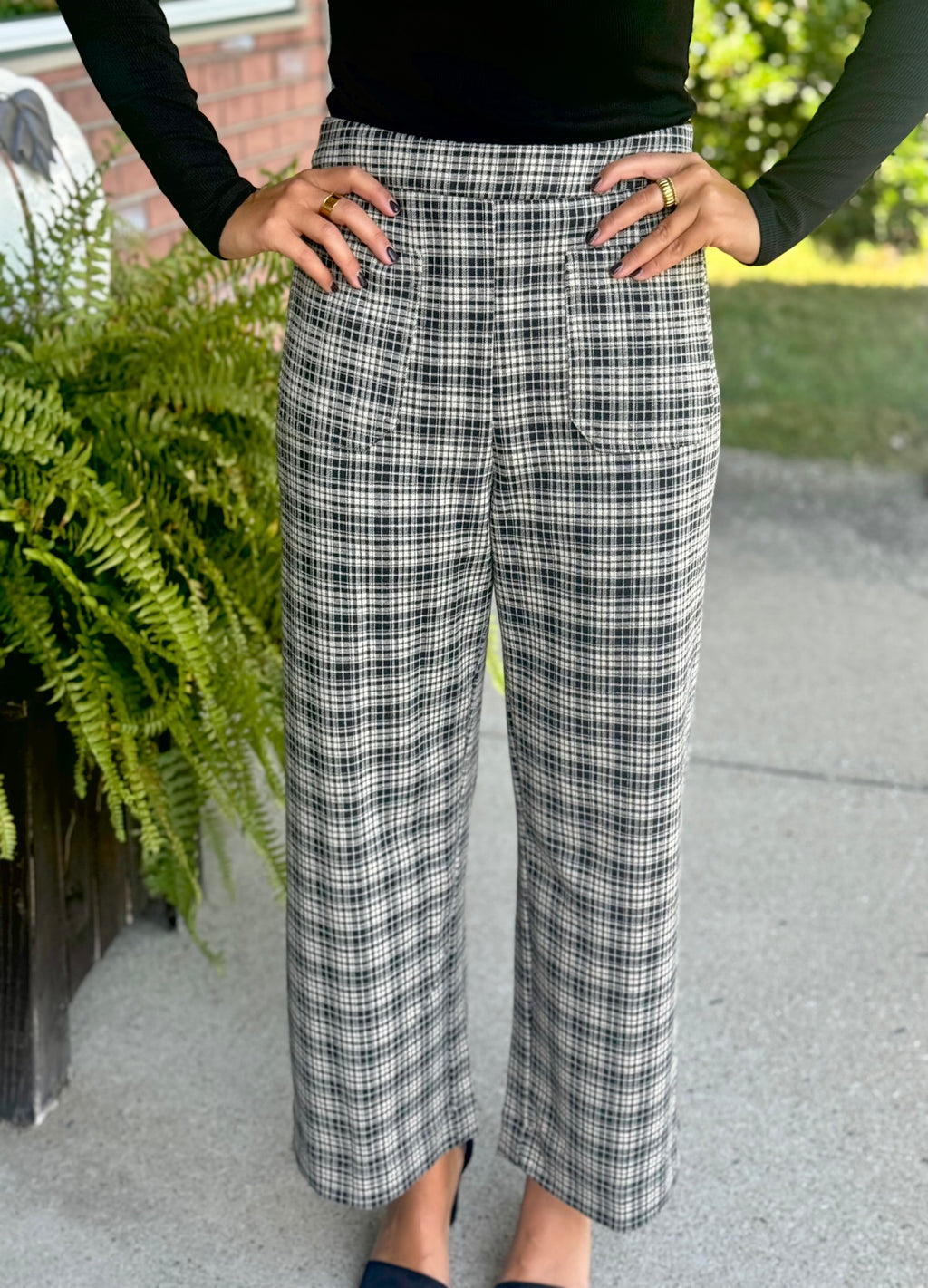 Plaid Pull On Pant with Pocket Detail