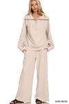 Sand Beige Ribbed Top + Wide Leg Pant SET