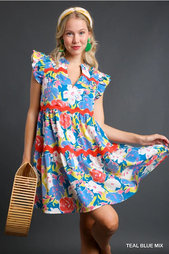 Floral Tiered Dress with Rick Rack Dress