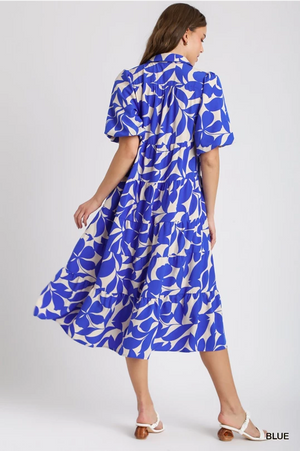 Blue Floral Print Dress with Collar & Puff Sleeve Details