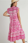 Pink A-Line Border Print Midi Dress